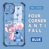 Ucuc iPhone 15 Uyumlu Şeffaf Silikon Köşe Koruma Lens Korumalı Elektroplatlı Kenar Kılıf Sevimli Stitch - Mavi