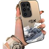Ucuc Samsung Galaxy S23 Ultra Uyumlu Sert Akrilik Arka Silikon Kenar Lens Koruma Kar Dağı Deseni Kılıfı - Siyah