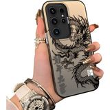 Ucuc Samsung Galaxy S23 Ultra Uyumlu Silikon Kenar Sert Arka Anti Düşme Kılıfı Ejderha Desenli - Siyah