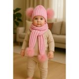 UESKİDS PEMBE PONPONLU TRİKO ATKI BERE SET