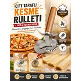 Ufak Tefek Şeyler Ahşap Saplı Paslanmaz Çelik Çift Taraflı Hamur ve Pizza Kesme Ruleti Düz ve Tırtıklı Bıçaklı