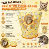 Ufak Tefek Şeyler Pati Tasarımlı Kedi Oyun Tüneli Çadırı Hışırtılı Peluş Fareli ve Ponpon Toplu Katlanabilir Kedi Yuvası