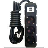 Ufo UFO0009-USB Siyah 1.5 m 2 USB'li 3'lü Anahtarlı Akım Korumalı Grup Priz