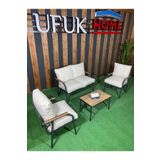 UFUK HOME Linda 211 Sehpalı Krem Fermuarlı Bahçe Balkon Takımı, Cafe, Salon - Metal Kanepe Koltuk Takımı