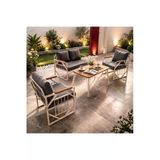 Ufuk Home Violet Krem 2+1+1 Masalı Bahçe Oturma Grubu Minderli Metal Ahşap Detaylı Balkon Teras Takımı