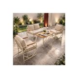 Ufuk Home Violet Krem 2+1+1 Masalı Bej Bahçe Oturma Grubu Minderli Metal Ahşap Detaylı Balkon Teras Takımı