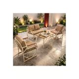 Ufuk Home Violet Krem 2+1+1 Masalı Kahve Bahçe Oturma Grubu Minderli Metal Ahşap Detaylı Balkon Teras Takımı