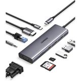 Ugreen 25043 CM498 10 In 1 Type-C To 3xusb-A 3.0 Çoklayıcı 1x4K/60Hz HDMI 1xvga 1XRJ45 1x3.5mm Kulaklık 1xsd 1xtf Kart Okuyucu 1xusb-C Pd 100W Şarj Desteği Çok Fonksiyonlu Bağlantı Istasyonu