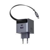 Ugreen 45W Makaralı Dahili Kablolu Gan Hızlı Şarj Cihazı, 2Xusb-C, 1Xusb-A, Gri, 65822