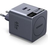 Ugreen 65W Hızlı Şarj Cihazı, 2xUSB-C ve 1xUSB-A, Makaralı Kablolu, Gri, Çoklu Şarj Tipi