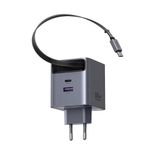 UGREEN 65W Makaralı Dahili Kablolu GaN Hızlı Şarj Cihazı, 2xUSB-C, 1xUSB-A, Gri, 65825