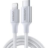 UGREEN USB-C - Lightning 3A PD MFi Sertifikalı Örgülü Hızlı Şarj Kablosu, 1 m, Gümüş, 70523 - 1 Metre