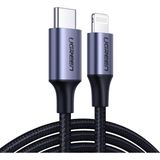 UGREEN USB-C - Lightning 3A PD MFi Sertifikalı Örgülü Hızlı Şarj Kablosu, 2 m, Siyah, 60761 - Açık Gri