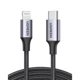 Ugreen USB-C - Lightning 3A PD MFi Sertifikalı Örgülü Hızlı Şarj Kablosu, 2 m, Siyah, 60761