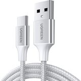Ugreen Usb-C To Usb-A 3A Qc Örgülü Hızlı Şarj Kablosu, 3 Metre, Gümüş Beyazı - 60409 - Beyaz - Gri