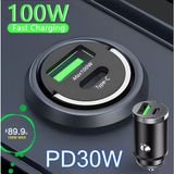 UGS Ticaret 100W Destekli Mini Çift Port USB - Type C Süper Hızlı Araç Içi Şarj Aleti Başlığı - Siyah
