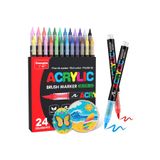 UĞURDAN 24'lü Akrilik Marker Kalem Seti Fırça Uçlu Brush Pen Water Based Cam Ahşap Taş Seramik Tuval Boyama Kalemi Renkli Acrylic Marker