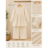 Uhde Store Kız Çocuk Bej Müslin Tunik Pantolon Takım Umre Takımı Dantel Detaylı Pamuklu Tesettür Takımı - 11 - 12 Yaş