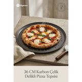 Ülgenev 36 Cm Paslanmaz Karbon Çelik , Delikli, Yanmaz Yapışmaz Büyük Boy Pizza ve Lahmacun Tepsisi