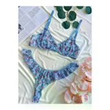 Ülger Collection Mavi Fırfırlı Çiçek Desenli Bralet Takımı (Sütyen & Tanga)