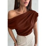 Ulino Büzgü/Drape Detaylı Dökümlü Asimetrik Yaka Örme Bluz