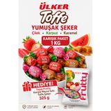 Ülker Toffe Karışık Yumuşak Şeker 1 kg – Çilek, Karpuz ve Karamel Aromalı + Frutty 325 g Hediye