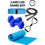 Ultio Spor 2 Kg'lık Pilates Seti 2 Adet 2 kg Dambıl 6mm Pilates Matı Squad Band Atlama Ipi Direnç Lastiği - Mavi