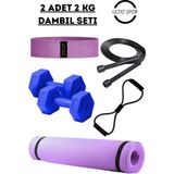 Ultio Spor 2 Kg'lık Pilates Seti 2 Adet 2 kg Dambıl 6mm Pilates Matı Squad Band Atlama Ipi Direnç Lastiği - Mor