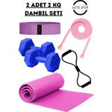 Ultio Spor 2 Kg'lık Pilates Seti 2 Adet 2 kg Dambıl 6mm Pilates Matı Squad Band Atlama Ipi Direnç Lastiği - Pembe
