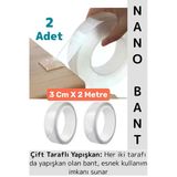 Ultra Güçlü Esnek Kesilebilir Kolay Kullanım Estetik Çift Taraflı Nano Şeffaf Bant 3 Cmx2 Metre 2 Ad