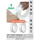 Ultra Güçlü Esnek Kesilebilir Kolay Kullanım Estetik Çift Taraflı Nano Şeffaf Bant 3 Cmx2 Metre 3 Ad