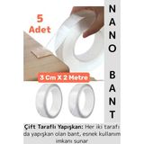 Ultra Güçlü Esnek Kesilebilir Kolay Kullanım Estetik Çift Taraflı Nano Şeffaf Bant 3 Cmx2 Metre 5 Ad - Çok Renkli