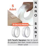 Ultra Güçlü Esnek Kesilebilir Kolay Kullanım Estetik Çift Taraflı Nano Şeffaf Bant 3 Cmx2 Metre 5 Ad