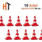 Ultra Kedi Gözlü Trafik Konisi Ağırlıklı 60 cm Trafik Dubası-10 Adet - Kırmızı - Beyaz