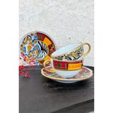 UltraMint 2 Kişilik Porselen Çay Fincanı Takımı, Gold ve Kırmızı Kuş Deseni - Seçenek 1