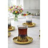 UltraMint Gold Cam Çay Seti 6'lı, Şık Bardak ve Tabak Takımı, Bulaşık Makinesinde Güvenle - Seçenek 1