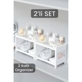 UltraMint Iki Katlı Venedik Banyo ve Makyaj Rafı Seti, Kozmetik ve Takı Organizer - Ahşap - Bej - Siyah