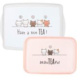 UltraMint Kedi Desenli 2'li Dikdörtgen Kaydırmaz Tepsi Seti, 34-41CM - Açık Beyaz - Gri - Seçenek 1