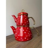 UltraMint Kırmızı Kalpli Emaye Çaydanlık Seti, Retro Tasarım, 2'li Çay Takımı - Açık Gri - Seçenek 1