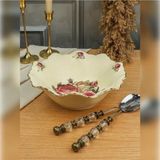 UltraMint Krem Gold Yuvarlak Salata Servis Tabağı, Gül Desenli, 26X9CM - Seçenek 1 - Ahşap - Bej