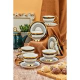 UltraMint Vera 6 Kişilik Porselen Çay ve Kahve Fincan Takımı, Şık Tasarım - Seçenek 1 - Ahşap