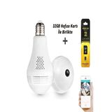 Ultratekno Gerçek 1080P Fhd Ampul Kamera Balık Gözü Lens 360 Derece Panoramik Ev Güvenlik Kamerası + 32Gb Hafıza Kart