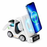 ULTRATEKNO T20 15W 5’i 1 Arada Magsafe Kablosuz Şarj İstasyonu, Dijital Saatli Forklift Tasarım, iPhone 16/15/14/13/12, Apple Watch, AirPods Uyumlu Masaüstü Hızlı Şarj Standı (Beyaz)