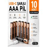 ULTRATEKNO USB Type-C Şarjlı AAA İnce Kalem Pil 1.5V 1200mWh 10 Adet (5 Paket) Lityum Şarj Edilebilir Pil