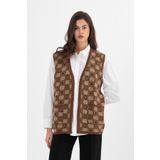 Uludağ Triko Kadın Vizon Monogram Desenli Cepli Triko Kilim Anne Yelek