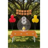 Umamiçe Sarı Kırmızı Temalı 8 Yaş Doğum Günü Parti Seti – Masa Örtüsü + Banner + 8 Rakam Balonu + Balonlar