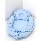 Umay Bebek Babynest, Bebek Uyku Yatağı 0-2 Yaş - %100 Pamuk - Mavi Fırfırlı