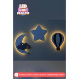 UmayBabyDekor 3Lü Set Ay Yıldız Balon Gece Lambası Bebek Çocuk Odası Duvar Dekorasyonu Aydınlatma Ahşap Lamba