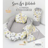 Umaybebek 4 Parça Babynest Seti %100 Pamuk Sarı Gri Renkli Bebek Pikesi ve Yorganı 80 x 90 cm - Sarı - Gri