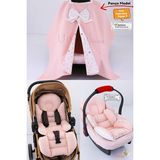 Umaybebek 4 Parça - Puset Örtüsü, Bel Destekli Bebek Arabası Minderi, Puset Minderi, Puset Çarşafı - Panço - Pembe
